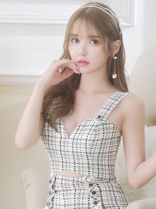 画像6: Lサイズあり【JEAN MACLEAN/ジャンマクレーン】マーメイド/ ツイードチェック/ ウエストカット/ ノースリーブ/ タイト/ ミディアムドレス/ キャバドレス【HC02】