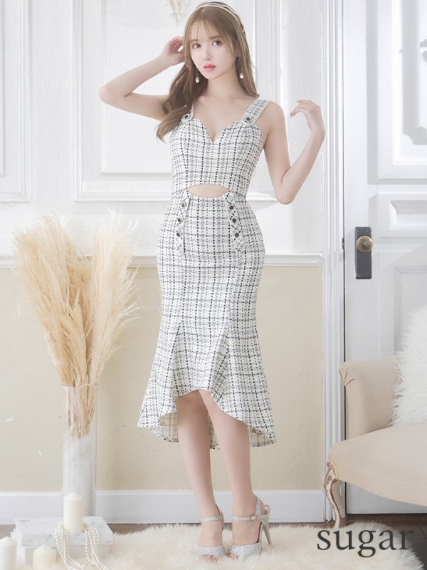 画像7: Lサイズあり【JEAN MACLEAN/ジャンマクレーン】マーメイド/ ツイードチェック/ ウエストカット/ ノースリーブ/ タイト/ ミディアムドレス/ キャバドレス【HC02】