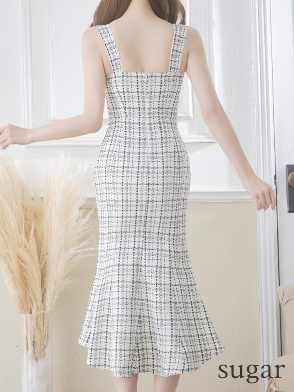 画像9: Lサイズあり【JEAN MACLEAN/ジャンマクレーン】マーメイド/ ツイードチェック/ ウエストカット/ ノースリーブ/ タイト/ ミディアムドレス/ キャバドレス【HC02】