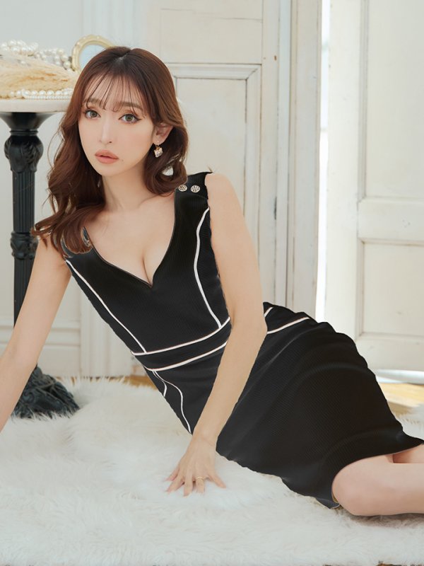 画像3: Lサイズあり【JEAN MACLEAN/ジャンマクレーン】シンプル/ バイカラー/ パイピング/ ボタン/ ノースリーブ/ タイト/ 膝丈/ ミディアムドレス/ キャバドレス【HC02】