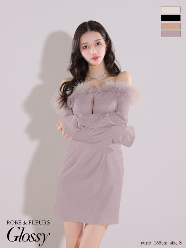 画像2: XSサイズあり【ROBE de FLEURS Glossy/ローブ・ド・フルール グロッシー】2way/ オフショル/ ファー/ バストジップ/ リブニット/ タイト/ ミニドレス/ キャバドレス[OF2]