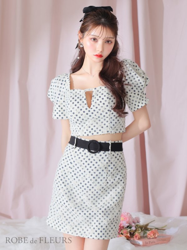 画像3: XSサイズあり【ROBE de FLEURS/ローブドフルール】ベルトデザイン/ パフスリーブ/ ドット/ タイト/ セットアップ/ ミニドレス/ キャバドレス[OF08]