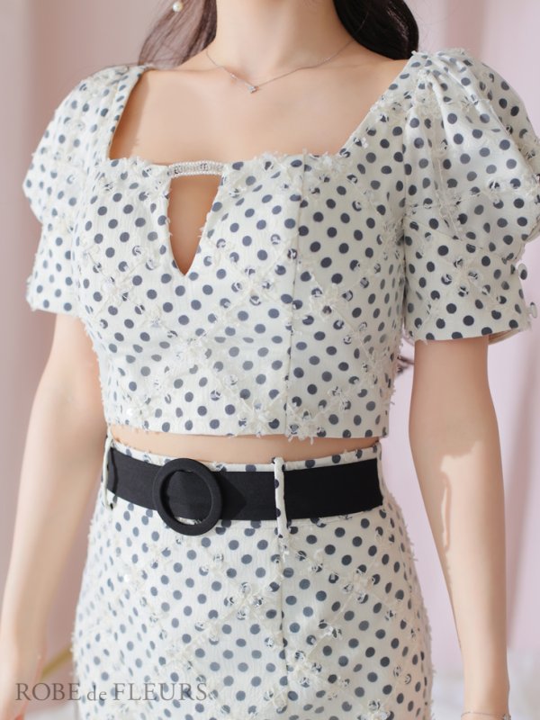 画像4: XSサイズあり【ROBE de FLEURS/ローブドフルール】ベルトデザイン/ パフスリーブ/ ドット/ タイト/ セットアップ/ ミニドレス/ キャバドレス[OF08]