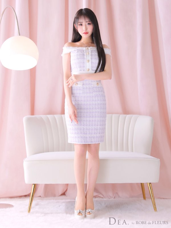 画像5: 【DEA./ディア】オフショル/ ゴールドボタン/ ツイード/ チェック/ バイカラー/ タイト/ ミニドレス/ キャバドレス[OF08]