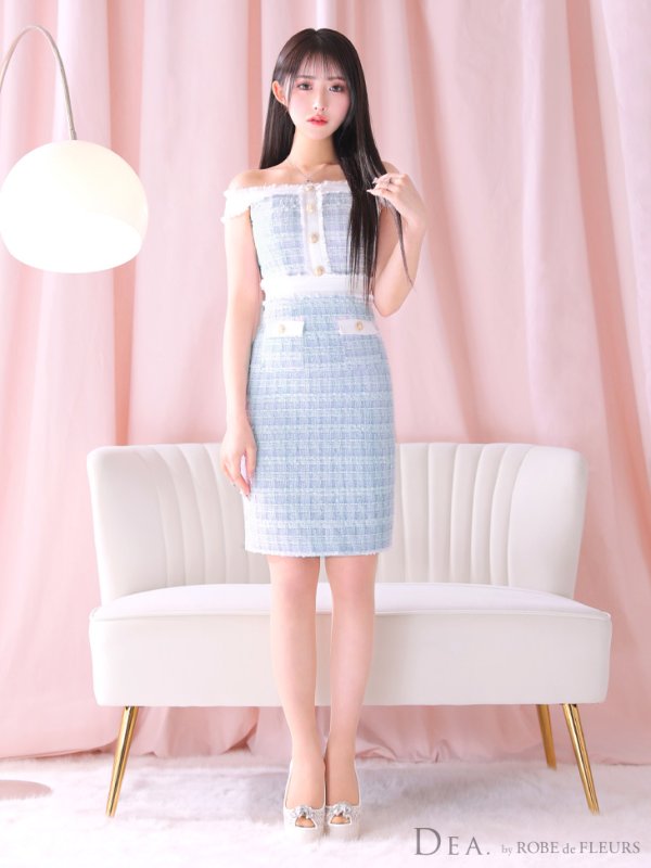 画像6: 【DEA./ディア】オフショル/ ゴールドボタン/ ツイード/ チェック/ バイカラー/ タイト/ ミニドレス/ キャバドレス[OF08]