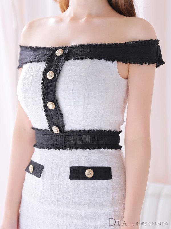 画像7: 【DEA./ディア】オフショル/ ゴールドボタン/ ツイード/ チェック/ バイカラー/ タイト/ ミニドレス/ キャバドレス[OF08]