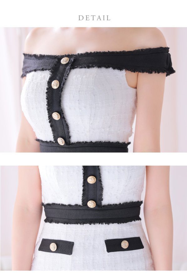 画像13: 【DEA./ディア】オフショル/ ゴールドボタン/ ツイード/ チェック/ バイカラー/ タイト/ ミニドレス/ キャバドレス[OF08]