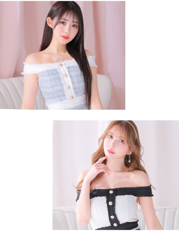 画像10: 【DEA./ディア】オフショル/ ゴールドボタン/ ツイード/ チェック/ バイカラー/ タイト/ ミニドレス/ キャバドレス[OF08]