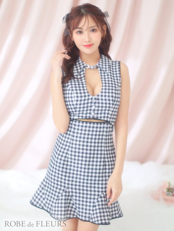 画像15: XSサイズあり【ROBE de FLEURS/ローブドフルール】ウエストオープン/ 襟付き/ ギンガムチェック/ ノースリーブ/ 裾フリル/ フレア/ ミニドレス/ キャバドレス[OF08]
