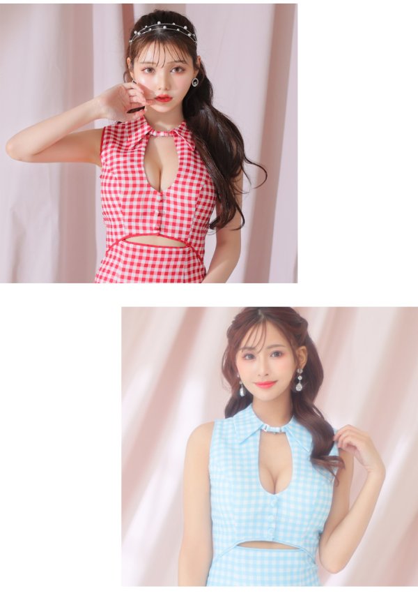 画像22: XSサイズあり【ROBE de FLEURS/ローブドフルール】ウエストオープン/ 襟付き/ ギンガムチェック/ ノースリーブ/ 裾フリル/ フレア/ ミニドレス/ キャバドレス[OF08]