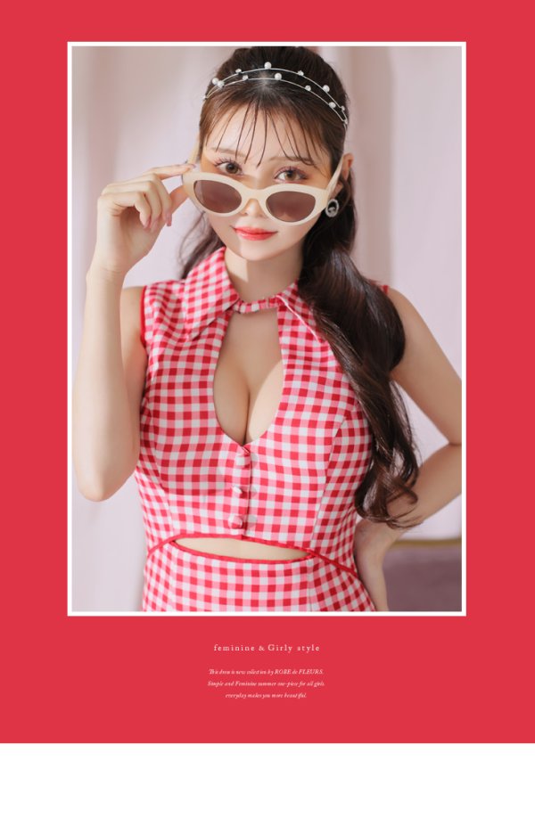 画像21: XSサイズあり【ROBE de FLEURS/ローブドフルール】ウエストオープン/ 襟付き/ ギンガムチェック/ ノースリーブ/ 裾フリル/ フレア/ ミニドレス/ キャバドレス[OF08]