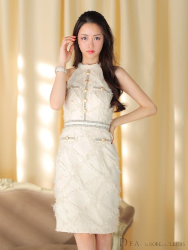 画像4: XSサイズあり【DEA./ディア】ゴールドボタン/ フェミニン/ フリンジ/ タイト/ ミディアムドレス/ キャバドレス[OF08]