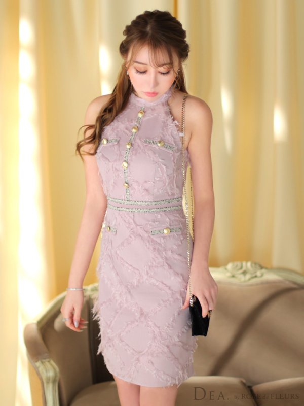 画像6: XSサイズあり【DEA./ディア】ゴールドボタン/ フェミニン/ フリンジ/ タイト/ ミディアムドレス/ キャバドレス[OF08]