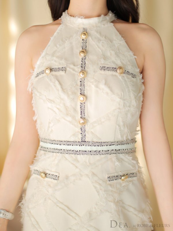 画像9: XSサイズあり【DEA./ディア】ゴールドボタン/ フェミニン/ フリンジ/ タイト/ ミディアムドレス/ キャバドレス[OF08]