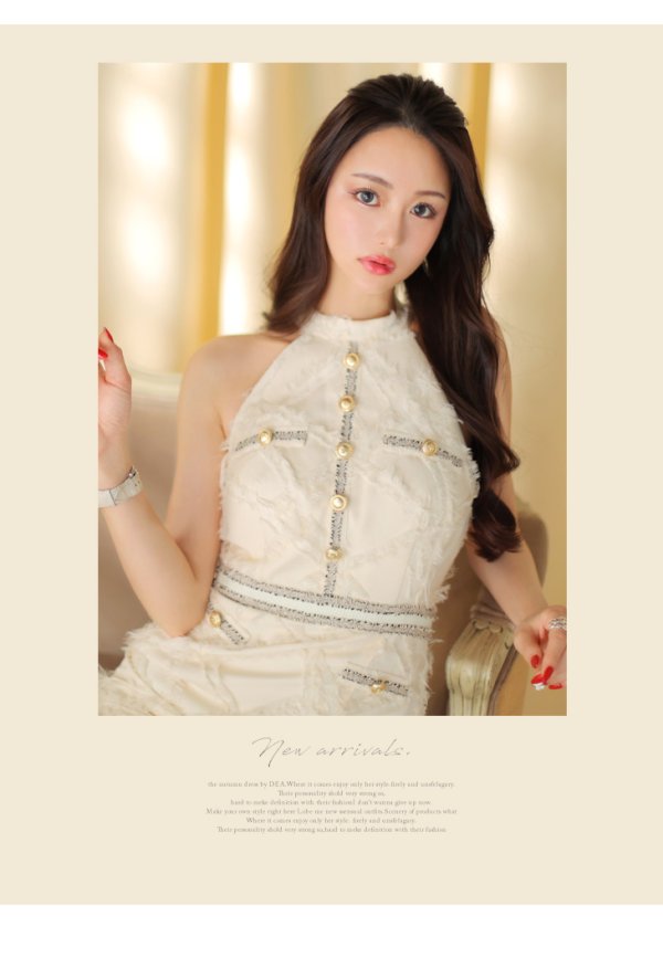 画像11: XSサイズあり【DEA./ディア】ゴールドボタン/ フェミニン/ フリンジ/ タイト/ ミディアムドレス/ キャバドレス[OF08]