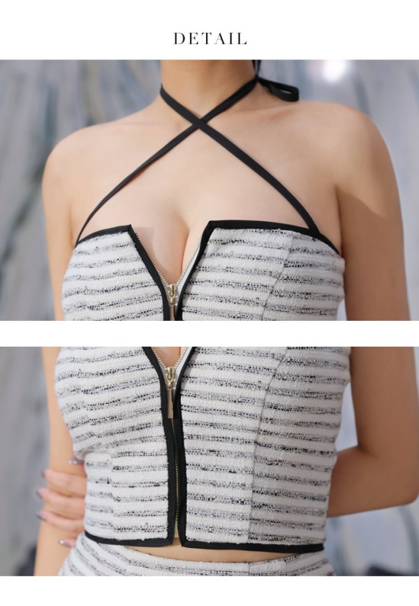 画像13: XSサイズあり【Glossy/グロッシー】ボーダー/ パイピング/ バストジップ/ タイト/ セットアップ/ ミニドレス/ キャバドレス[OF08]