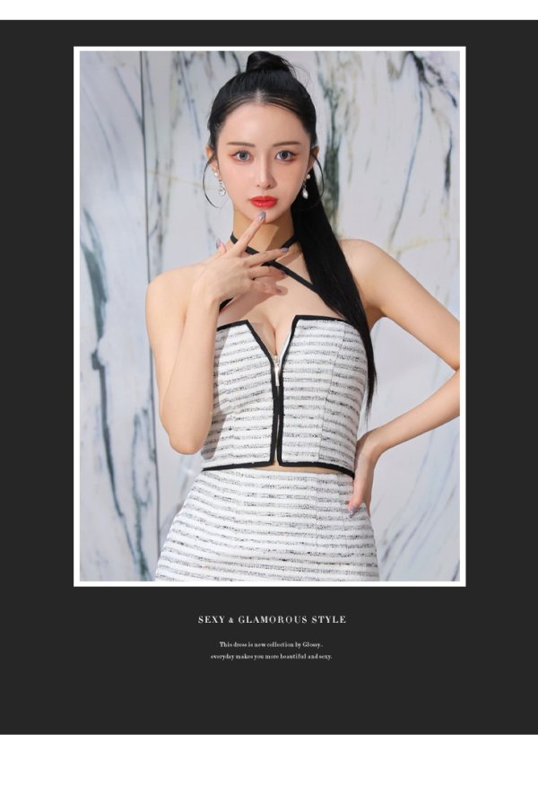 画像11: XSサイズあり【Glossy/グロッシー】ボーダー/ パイピング/ バストジップ/ タイト/ セットアップ/ ミニドレス/ キャバドレス[OF08]