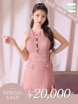 【決算SALE開催中！! 】XSサイズあり【ROBE de FLEURS/ローブドフルール】 セットアップ/ フロントゴールド/ ボタン/ ノースリーブ/ リボン/ ツイード/ フレア/ ミニドレス/ キャバドレス[OF08]