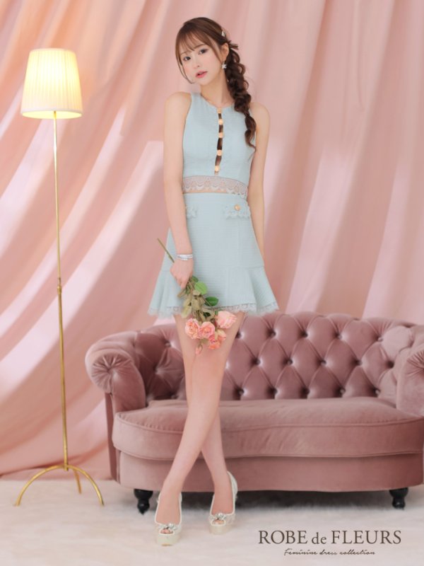 画像6: XSサイズあり【ROBE de FLEURS/ローブドフルール】 セットアップ/ フロントゴールド/ ボタン/ ノースリーブ/ リボン/ ツイード/ フレア/ ミニドレス/ キャバドレス[OF08]