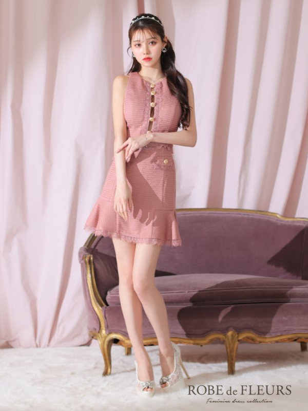 画像7: XSサイズあり【ROBE de FLEURS/ローブドフルール】 セットアップ/ フロントゴールド/ ボタン/ ノースリーブ/ リボン/ ツイード/ フレア/ ミニドレス/ キャバドレス[OF08]