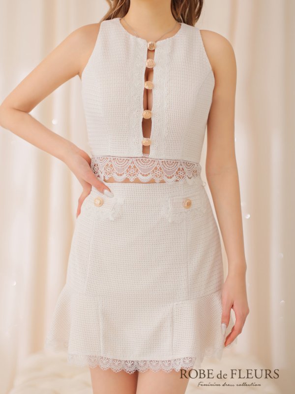 画像9: XSサイズあり【ROBE de FLEURS/ローブドフルール】 セットアップ/ フロントゴールド/ ボタン/ ノースリーブ/ リボン/ ツイード/ フレア/ ミニドレス/ キャバドレス[OF08]