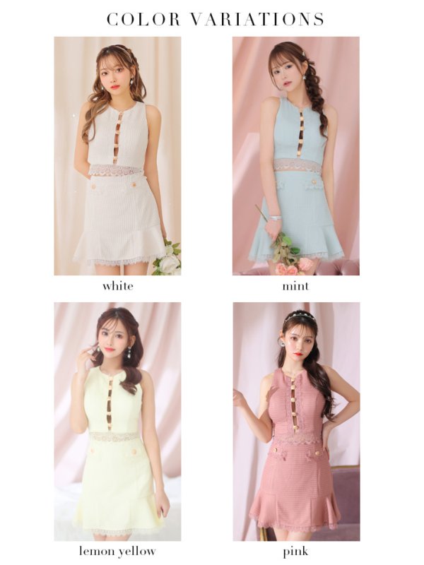 画像15: XSサイズあり【ROBE de FLEURS/ローブドフルール】 セットアップ/ フロントゴールド/ ボタン/ ノースリーブ/ リボン/ ツイード/ フレア/ ミニドレス/ キャバドレス[OF08]