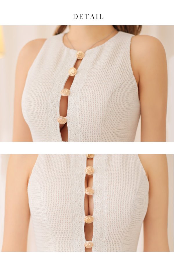 画像13: XSサイズあり【ROBE de FLEURS/ローブドフルール】 セットアップ/ フロントゴールド/ ボタン/ ノースリーブ/ リボン/ ツイード/ フレア/ ミニドレス/ キャバドレス[OF08]