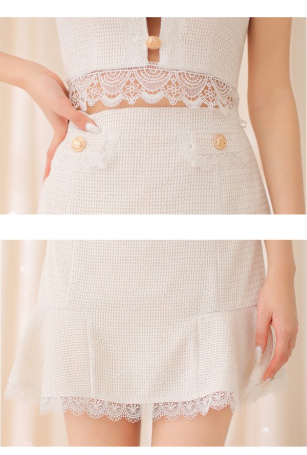 画像14: XSサイズあり【ROBE de FLEURS/ローブドフルール】 セットアップ/ フロントゴールド/ ボタン/ ノースリーブ/ リボン/ ツイード/ フレア/ ミニドレス/ キャバドレス[OF08]