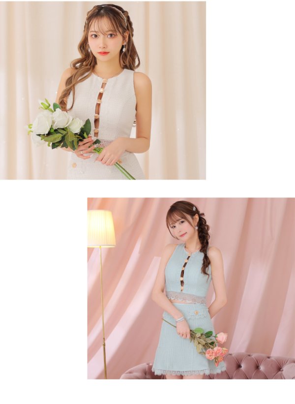 画像10: XSサイズあり【ROBE de FLEURS/ローブドフルール】 セットアップ/ フロントゴールド/ ボタン/ ノースリーブ/ リボン/ ツイード/ フレア/ ミニドレス/ キャバドレス[OF08]