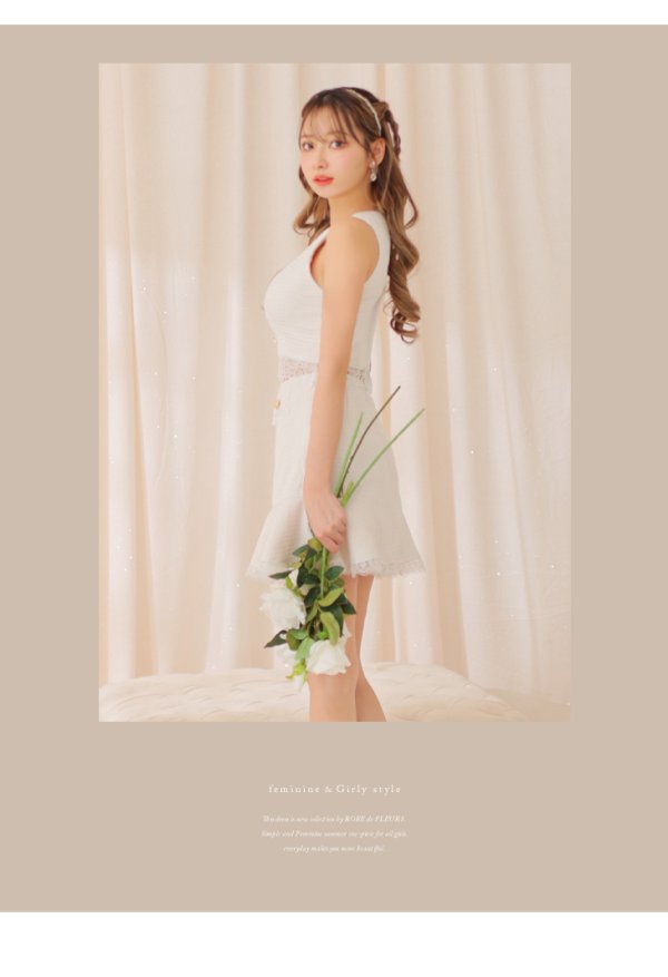 画像11: XSサイズあり【ROBE de FLEURS/ローブドフルール】 セットアップ/ フロントゴールド/ ボタン/ ノースリーブ/ リボン/ ツイード/ フレア/ ミニドレス/ キャバドレス[OF08]