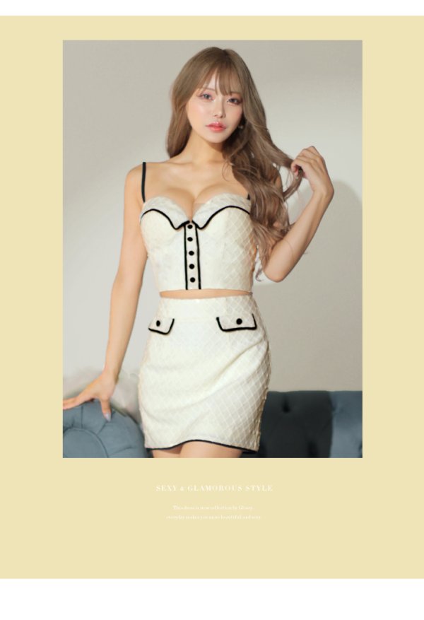 画像4: XSサイズあり【Glossy/グロッシー】襟デザイン/ バイカラー/ キャミソール/ ボタン/ タイト/ セットアップ/ ミニドレス/ キャバドレス[OF08]