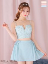 XSサイズあり【ROBE de FLEURS/ローブドフルール】 セットアップ/ キャミソール/ビジュー/ リボン/ フロントジップ/ ツイード/ フレア/ ミニドレス/ キャバドレス[OF2]