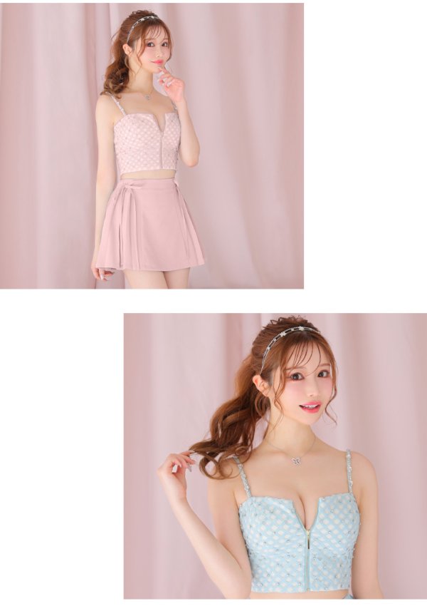 画像10: XSサイズあり【ROBE de FLEURS/ローブドフルール】 セットアップ/ キャミソール/ビジュー/ リボン/ フロントジップ/ ツイード/ フレア/ ミニドレス/ キャバドレス[OF08]