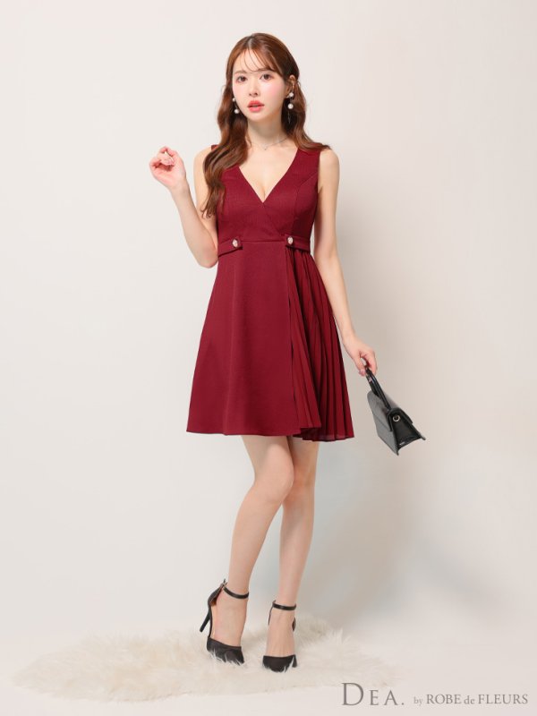 画像5: Lサイズあり【DEA./ディア】ノースリーブ/ ウエストボタン/ スイッチプリーツ/ フレア/ ミディアムドレス/ キャバドレス[OF08]