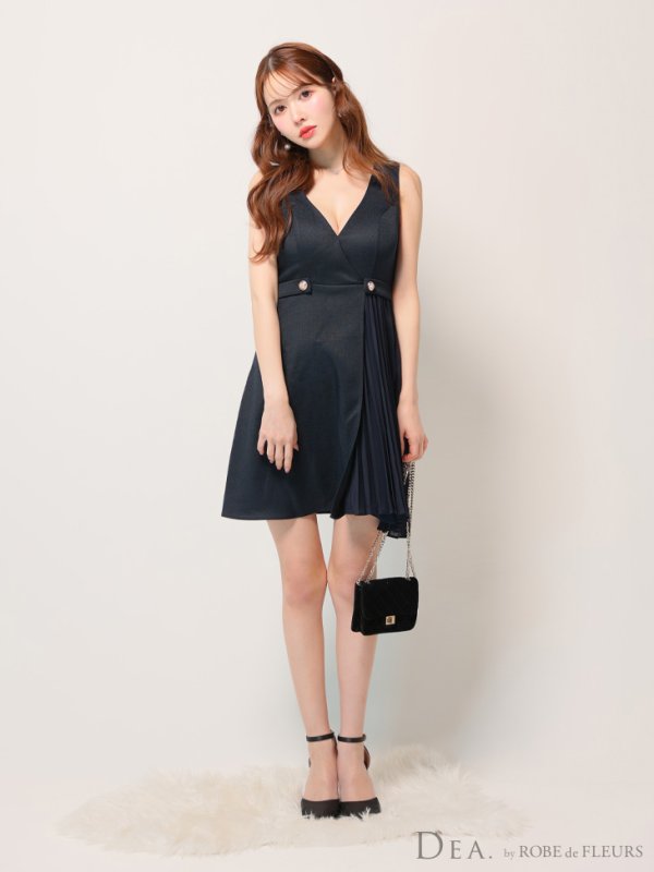 画像8: Lサイズあり【DEA./ディア】ノースリーブ/ ウエストボタン/ スイッチプリーツ/ フレア/ ミディアムドレス/ キャバドレス[OF08]