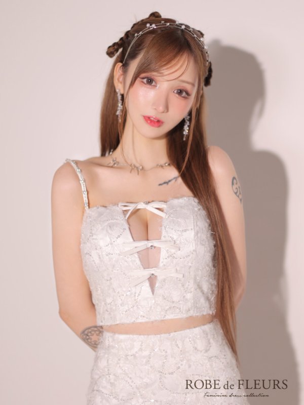 画像7: XSサイズあり【ROBE de FLEURS/ローブドフルール】フェザーレース/ ミニリボン/ セットアップ/ タイト/ ミニドレス/ キャバドレス[OF08]