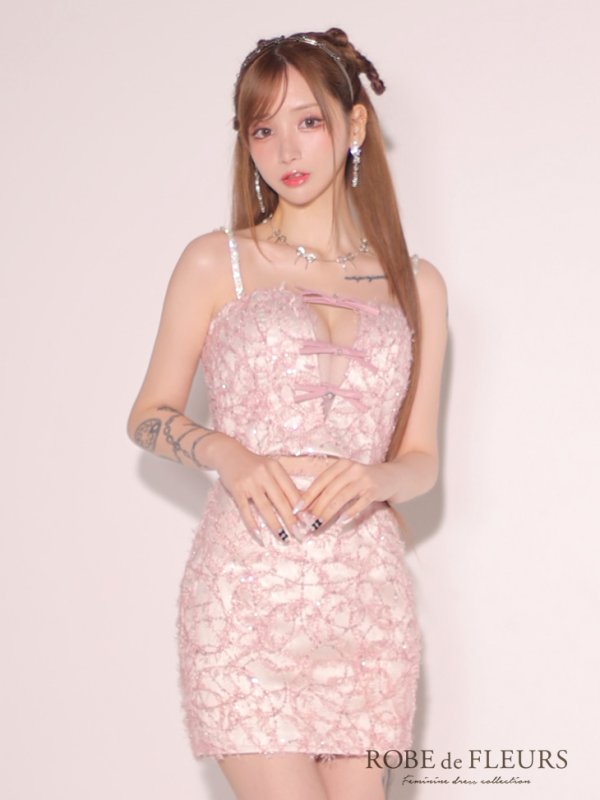画像9: XSサイズあり【ROBE de FLEURS/ローブドフルール】フェザーレース/ ミニリボン/ セットアップ/ タイト/ ミニドレス/ キャバドレス[OF08]