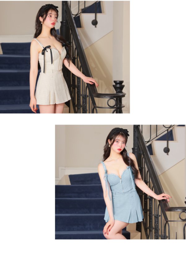 画像21: XSサイズあり【ROBE de FLEURS/ローブドフルール】スエードリボン/ チェックツイード/ ベルトデザイン/ フレア/ セットアップ/ ミニドレス/ キャバドレス[OF08]