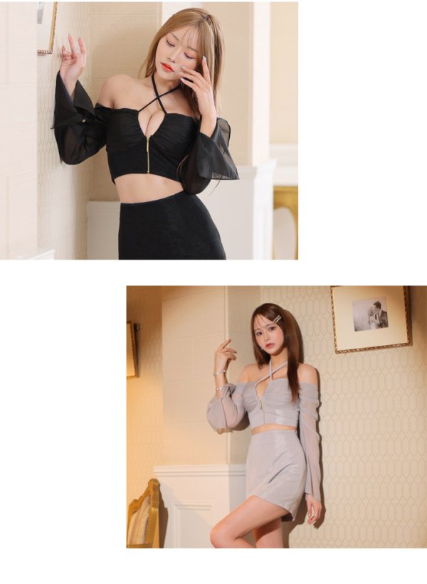 画像8: XSサイズあり【Glossy/グロッシー】シアースリーブ/ クロスストラップ/ セットアップ/ ミニドレス/ キャバドレス[OF08]