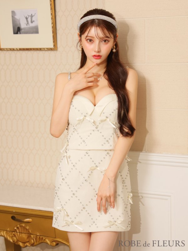 画像21: XSサイズあり【ROBE de FLEURS/ローブドフルール】サテンリボン/ ビジュー/ ガーリー/ セットアップ/ タイト/ ミニドレス/ キャバドレス[OF08]