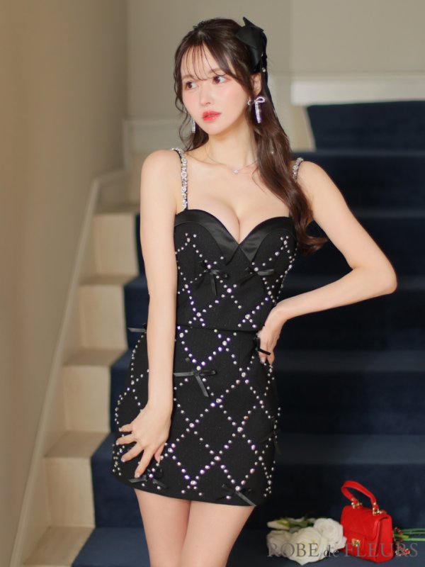 画像38: XSサイズあり【ROBE de FLEURS/ローブドフルール】サテンリボン/ ビジュー/ ガーリー/ セットアップ/ タイト/ ミニドレス/ キャバドレス[OF08]