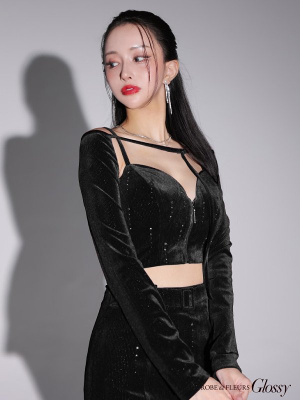 画像24: XSサイズあり【Glossy/グロッシー】ラメベロア/ 2way/ ボレロ付き/ ストレッチ/ セットアップ/ タイト/ ミニドレス/ キャバドレス[OF08]