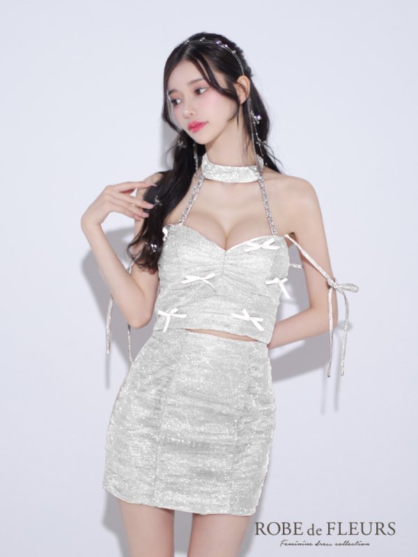 画像24: XSサイズあり【ROBE de FLEURS/ローブドフルール】ホルターネック/ リボン/ ラメ/ セットアップ/ タイト/ ミニドレス/ キャバドレス[OF08]