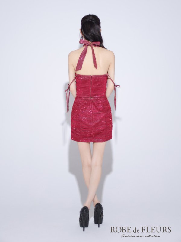 画像15: XSサイズあり【ROBE de FLEURS/ローブドフルール】ホルターネック/ リボン/ ラメ/ セットアップ/ タイト/ ミニドレス/ キャバドレス[OF08]