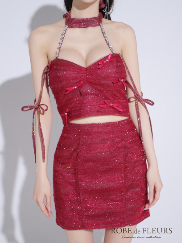 画像17: XSサイズあり【ROBE de FLEURS/ローブドフルール】ホルターネック/ リボン/ ラメ/ セットアップ/ タイト/ ミニドレス/ キャバドレス[OF08]