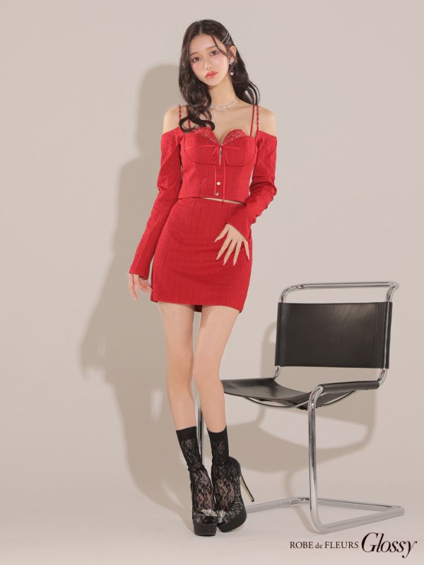 画像13: XSサイズあり【Glossy/グロッシー】長袖/ オフショル/ 紐リボン/ レースデザイン/ セットアップ/ ミニドレス/ キャバドレス[OF08]