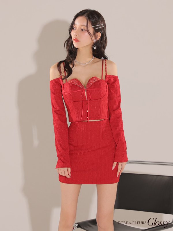 画像15: XSサイズあり【Glossy/グロッシー】長袖/ オフショル/ 紐リボン/ レースデザイン/ セットアップ/ ミニドレス/ キャバドレス[OF08]