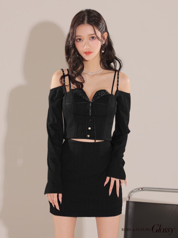 画像23: XSサイズあり【Glossy/グロッシー】長袖/ オフショル/ 紐リボン/ レースデザイン/ セットアップ/ ミニドレス/ キャバドレス[OF08]