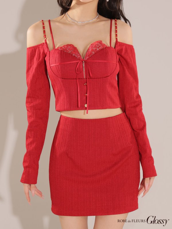 画像17: XSサイズあり【Glossy/グロッシー】長袖/ オフショル/ 紐リボン/ レースデザイン/ セットアップ/ ミニドレス/ キャバドレス[OF08]