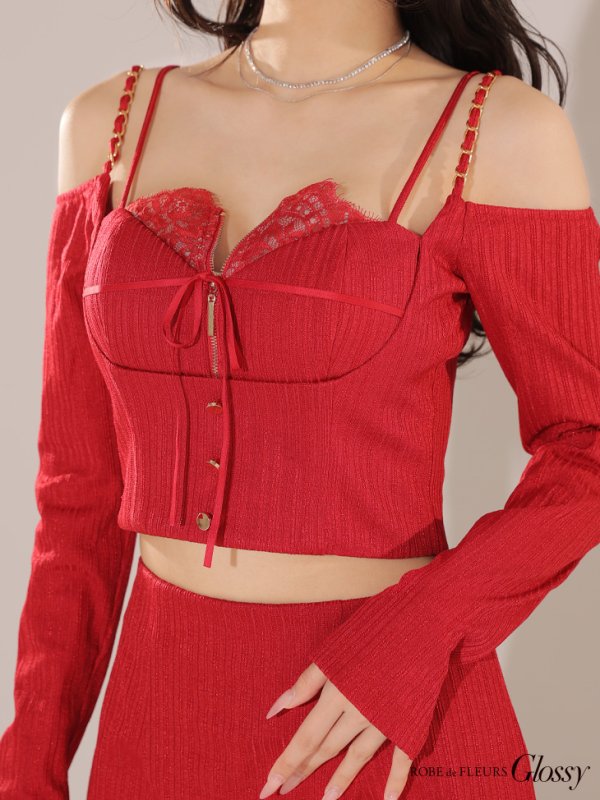 画像18: XSサイズあり【Glossy/グロッシー】長袖/ オフショル/ 紐リボン/ レースデザイン/ セットアップ/ ミニドレス/ キャバドレス[OF08]